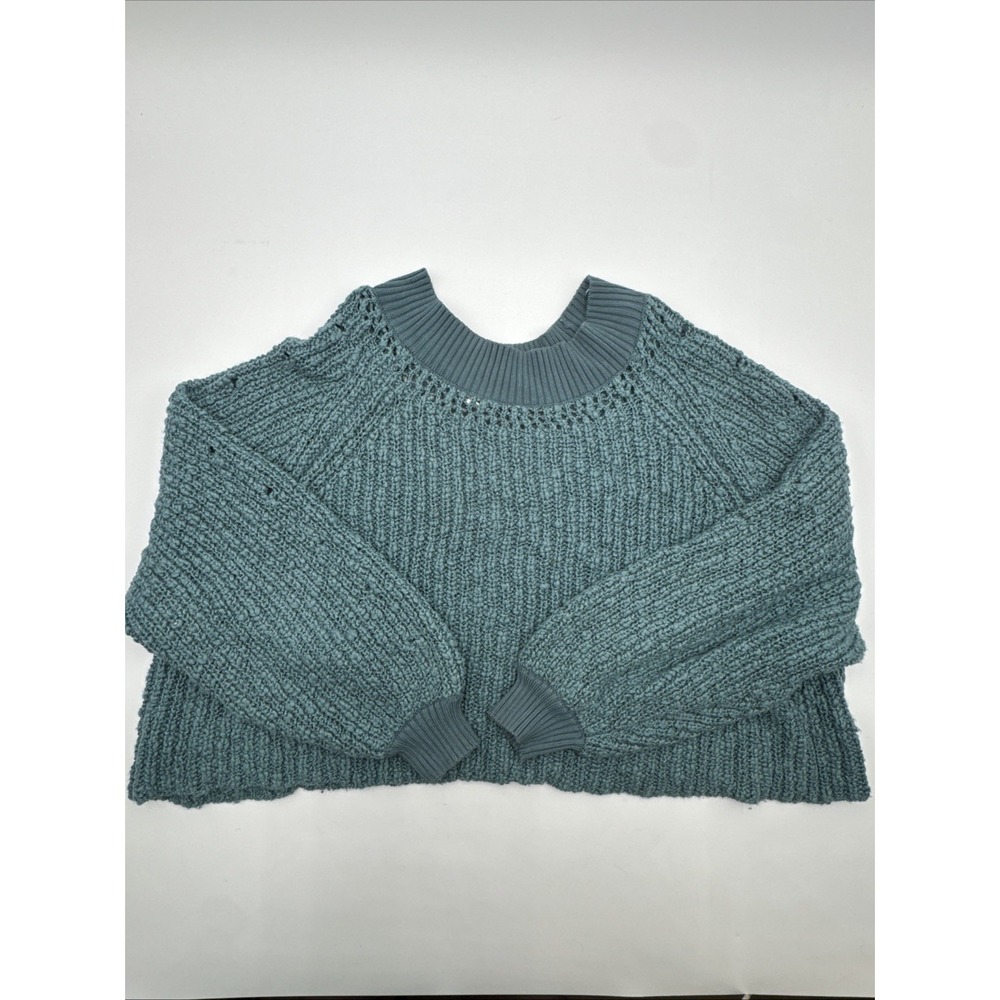 Free People Chunky Teal Cropped Baggy Sweetheart Sweater Mock Neck Cozy Women M